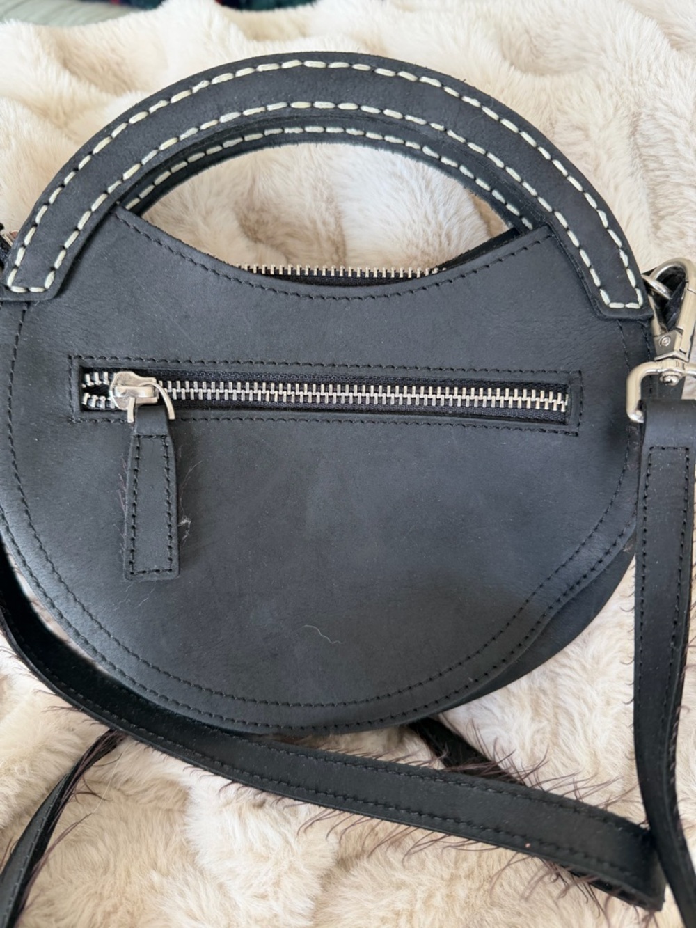 Black Round Crossbody Bag with Top Handle and Front Zip